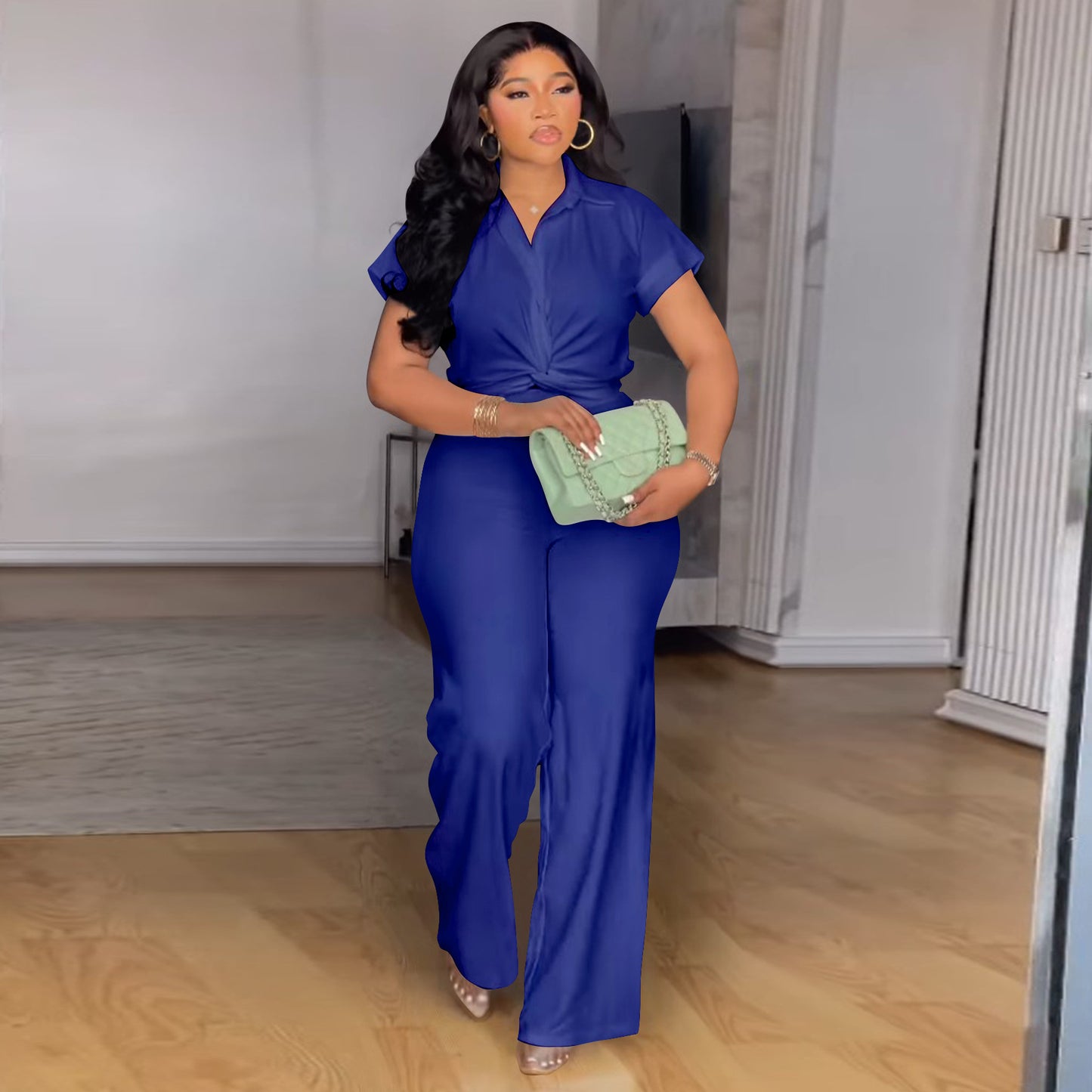 Habit :Ensemble chemise à manches courtes et pantalon taille haute uni pour femme
