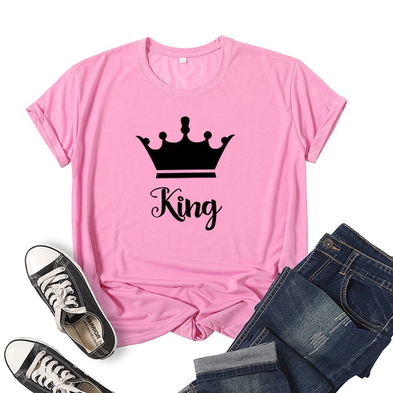 T-shirt en coton imprimé Roi Reine Couronne