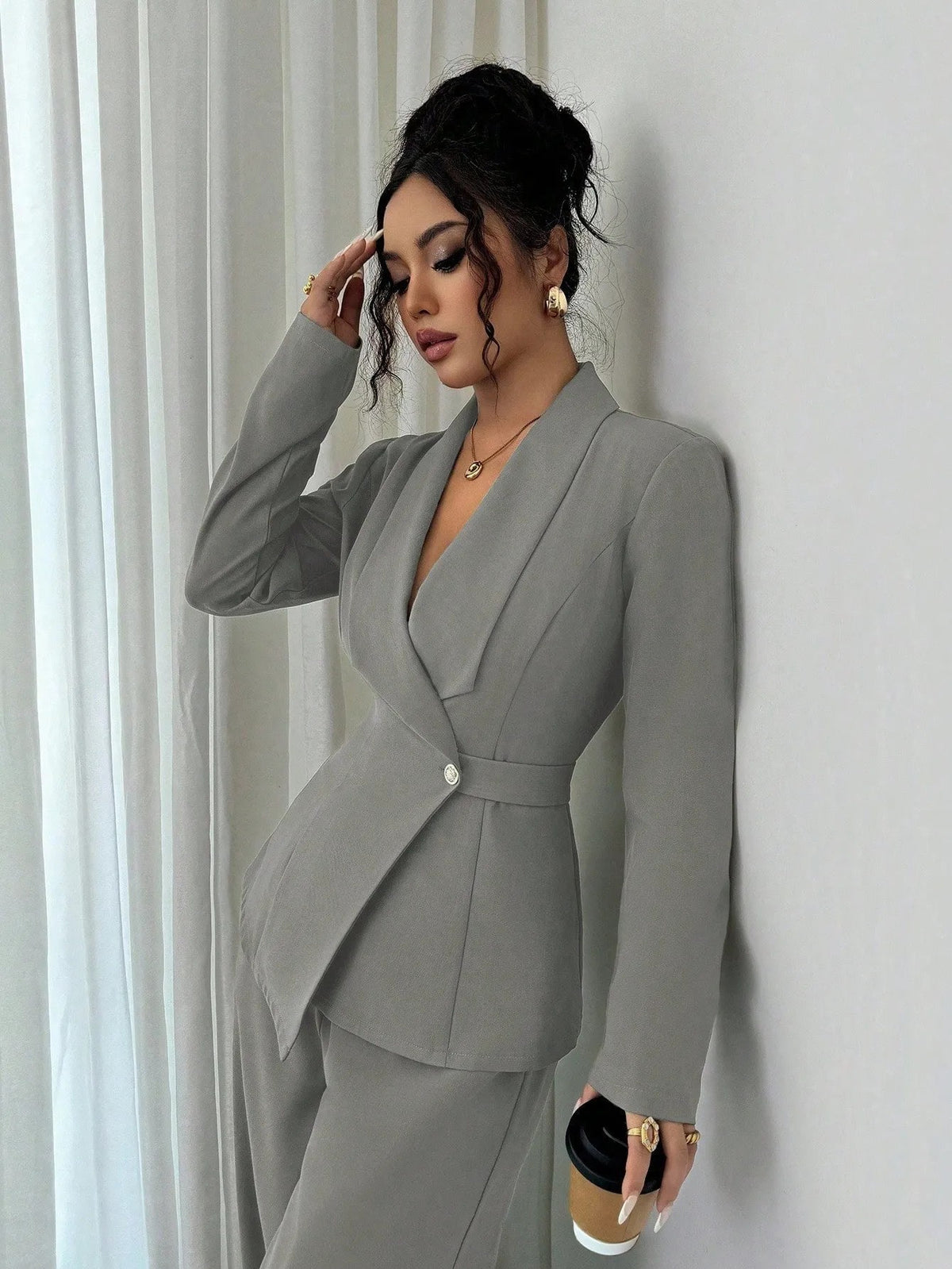 Ensemble deux pièces pour femme : veste longue à col en V et pantalon à jambes larges