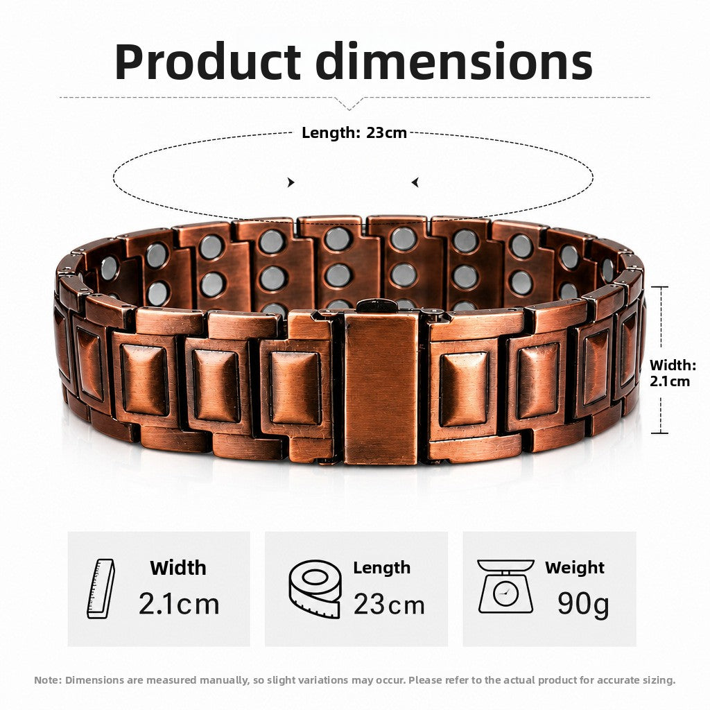 Bracelet magnétique en cuivre à trois rangées, finition brossée par galvanoplastie et fermoir déployant.