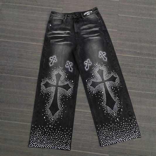 Jean droit ample taille haute orné de strass