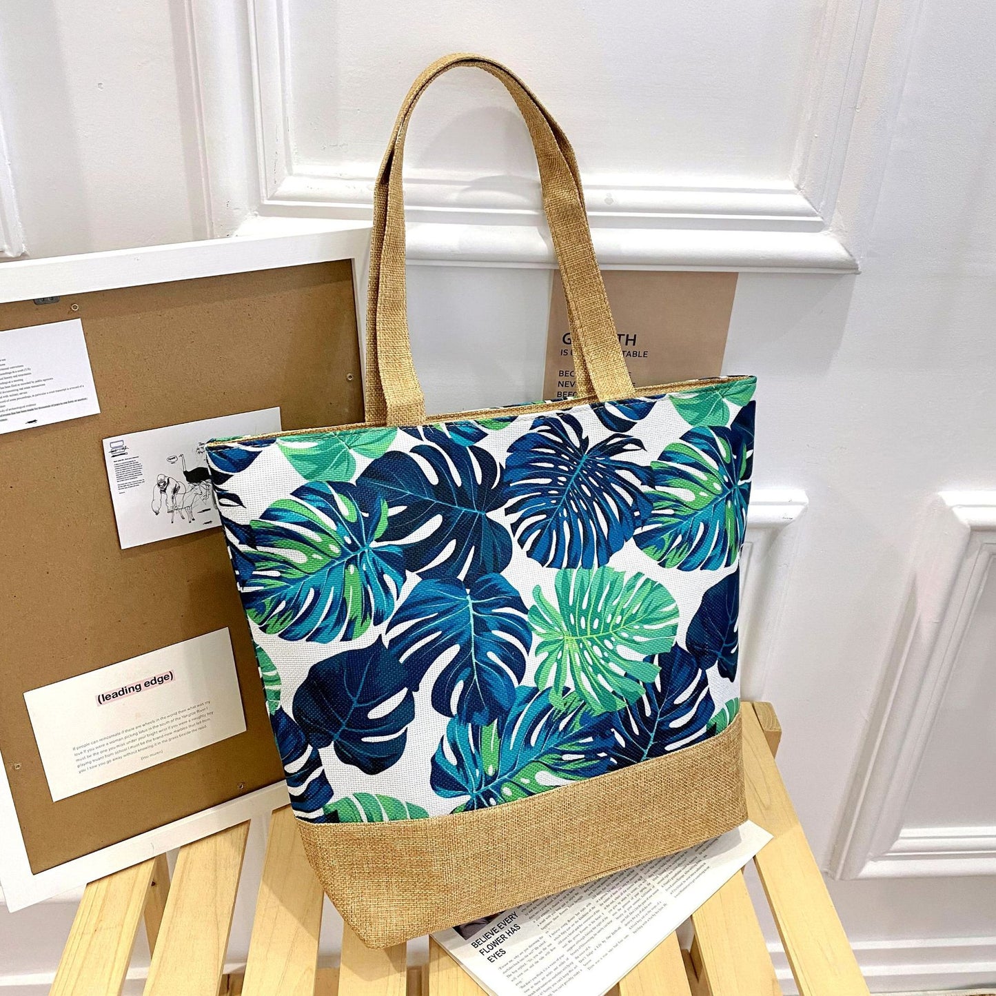 Sac fourre-tout artistique en coton et lin avec fermeture éclair