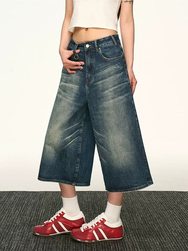 Pantalon court en jean large délavé vintage