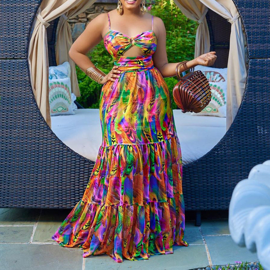 Robe longue dos nu à bretelles imprimées à fleurs