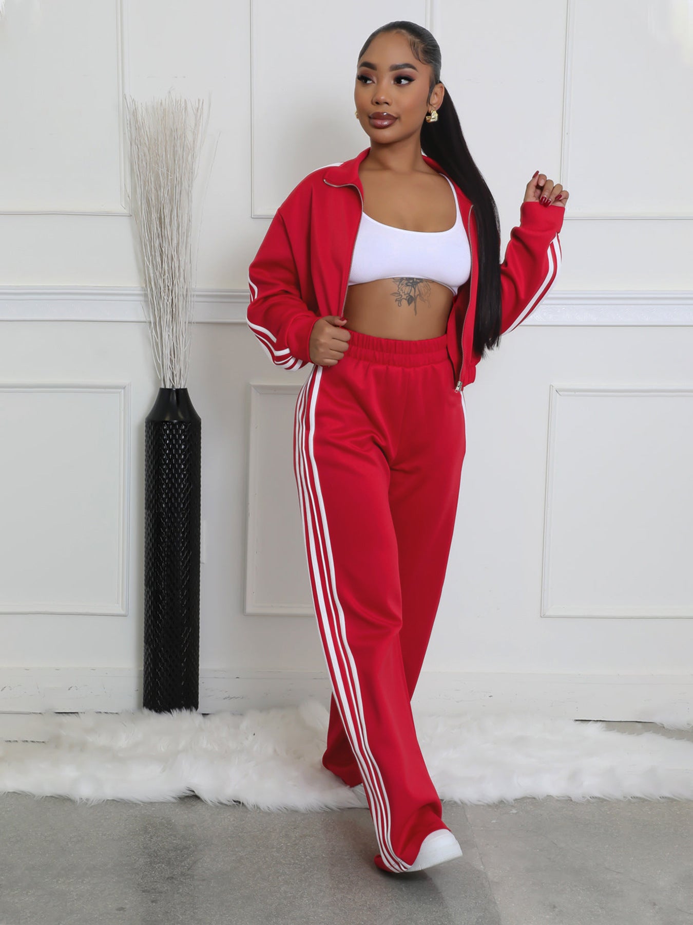 Ensemble sweat à capuche zippé à rayures et pantalon