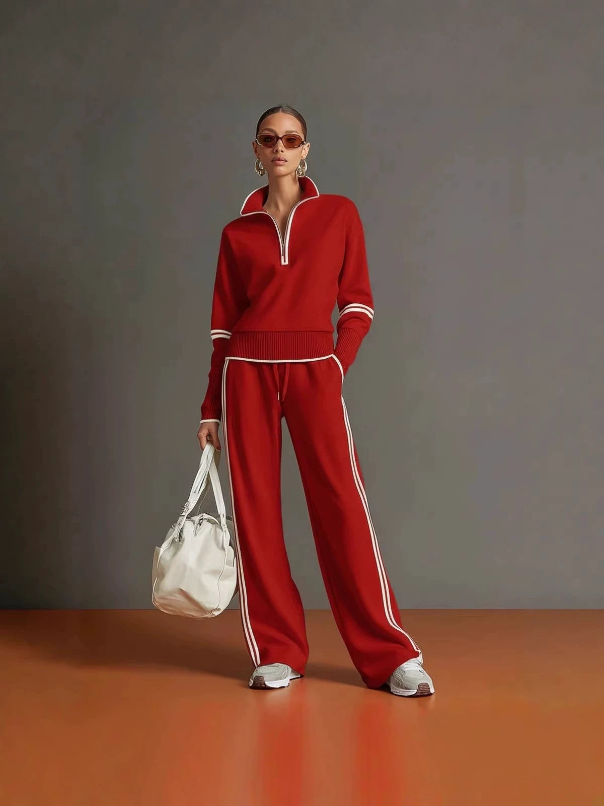 Habit :Ensemble décontracté sweat-shirt à col droit et pantalon à jambes larges