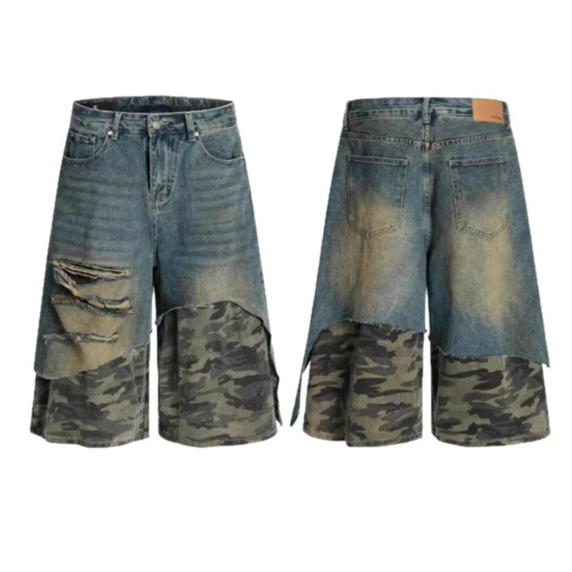 Shorts en jean lavé pour hommes taille haute style raccourci et usé