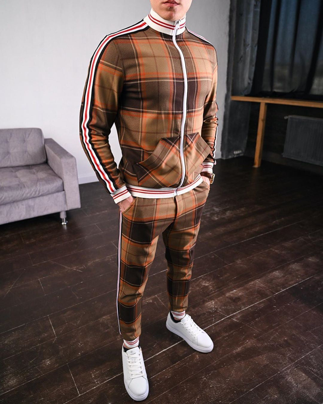 Ensemble veste et pantalon à carreaux pour homme, style sport décontracté