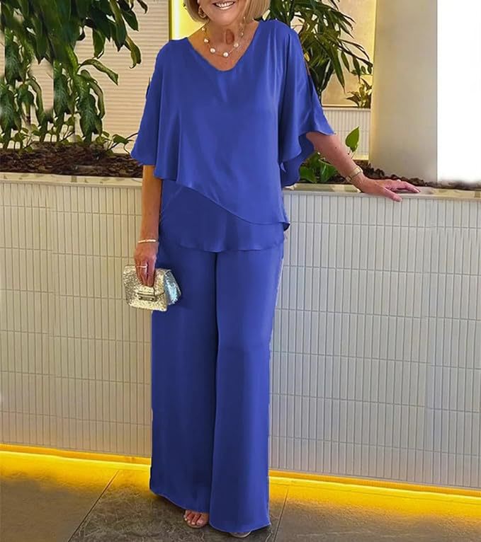 Ensemble décontracté grande taille à col en V, couleur unie, ourlet asymétrique