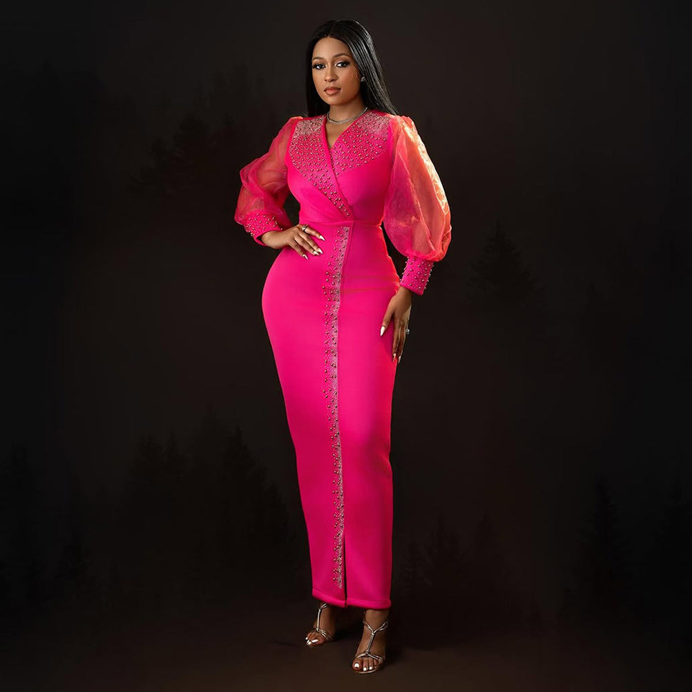 Robe moulante à manches bouffantes en losanges pour femme