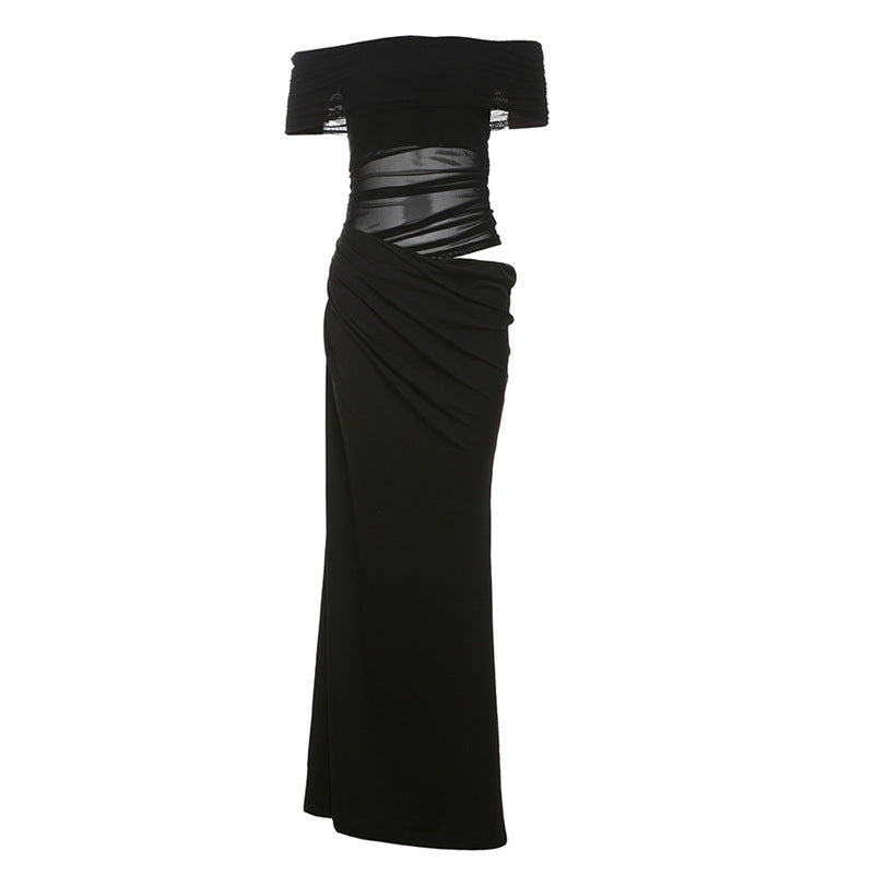 Robe moulante sexy en résille avec dos nu et empiècements
