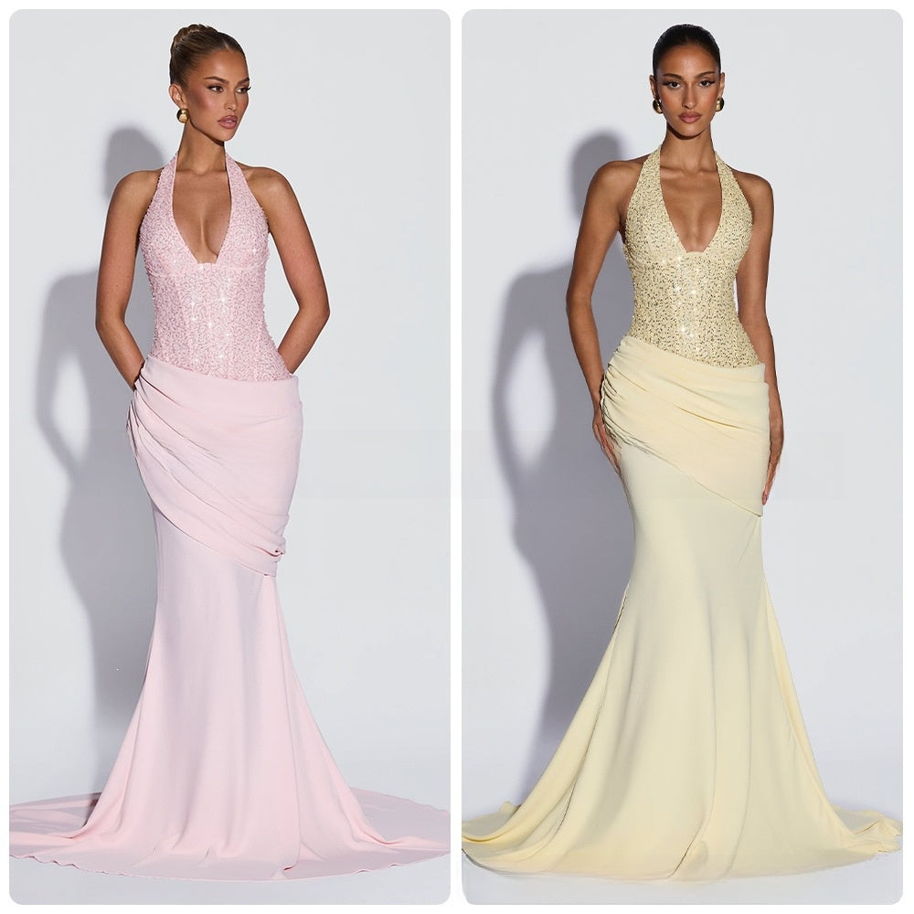 Robe de soirée sirène à col halter pour femmes