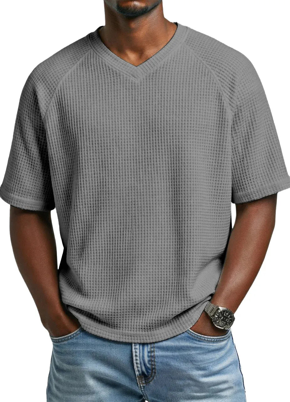 T-shirt pour hommes à col en V, manches courtes, tricoté et tendance