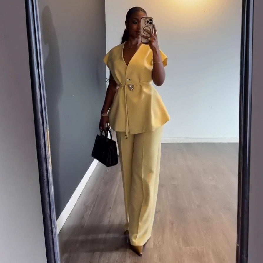 Haut sans manches a col en V pour femme et pantalon a jambes larges