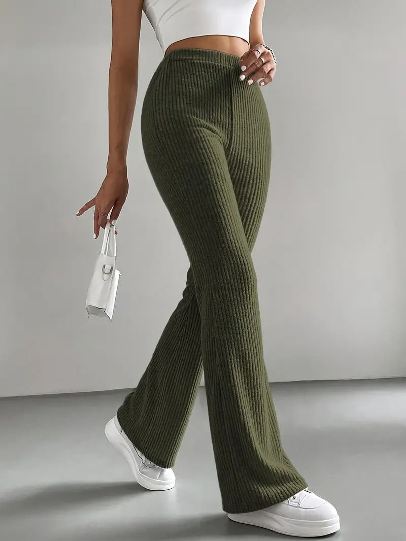Pantalon évasé pour femmes, pantalon en tricot côtelé uni décontracté