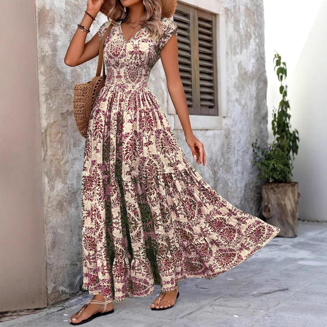 Robe rétro imprimée Robe élégante à manches courtes à col en V et à la mode