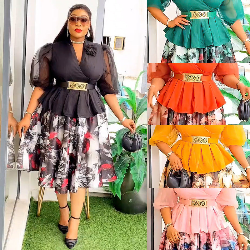 Habit :Ensemble deux pièces pour femme : haut et jupe en mousseline à imprimé floral