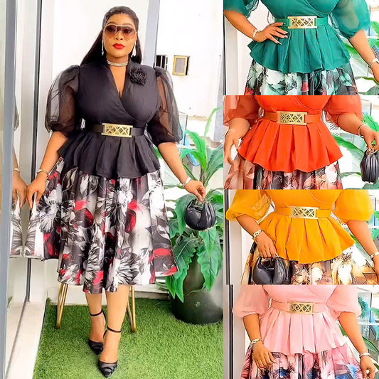 Habit :Ensemble deux pièces pour femme : haut et jupe en mousseline à imprimé floral