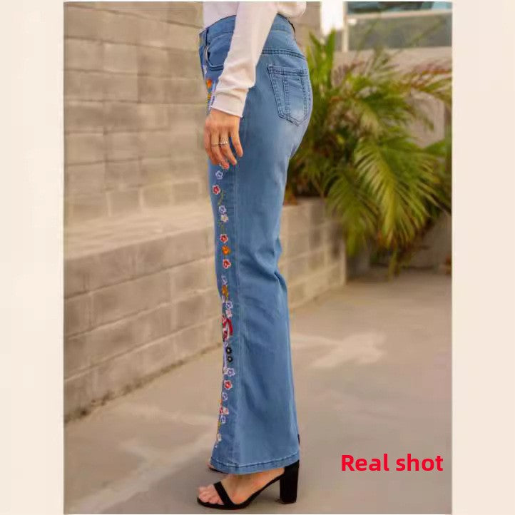 Pantalon en jean évasé brodé pour femme