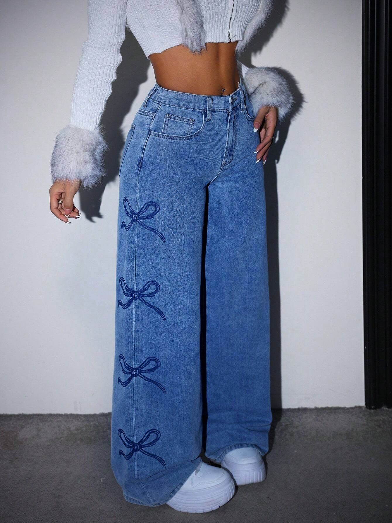 Jean large en denim délavé taille haute avec nœud