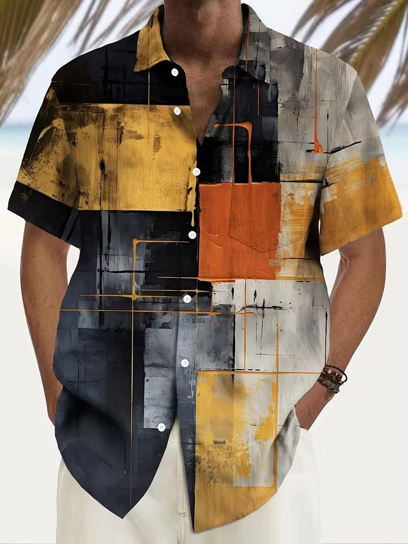 Chemise d'été imprimée européenne et américaine à manches courtes pour homme, coupe ample, grande taille, col à revers.