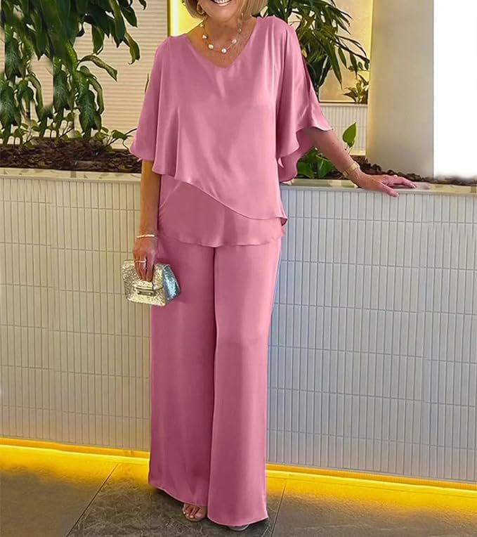 Ensemble décontracté grande taille à col en V, couleur unie, ourlet asymétrique