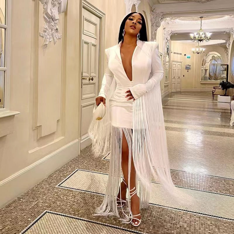 Habit :Robe moulante sexy à décolleté plongeant et manches longues à franges pour femme