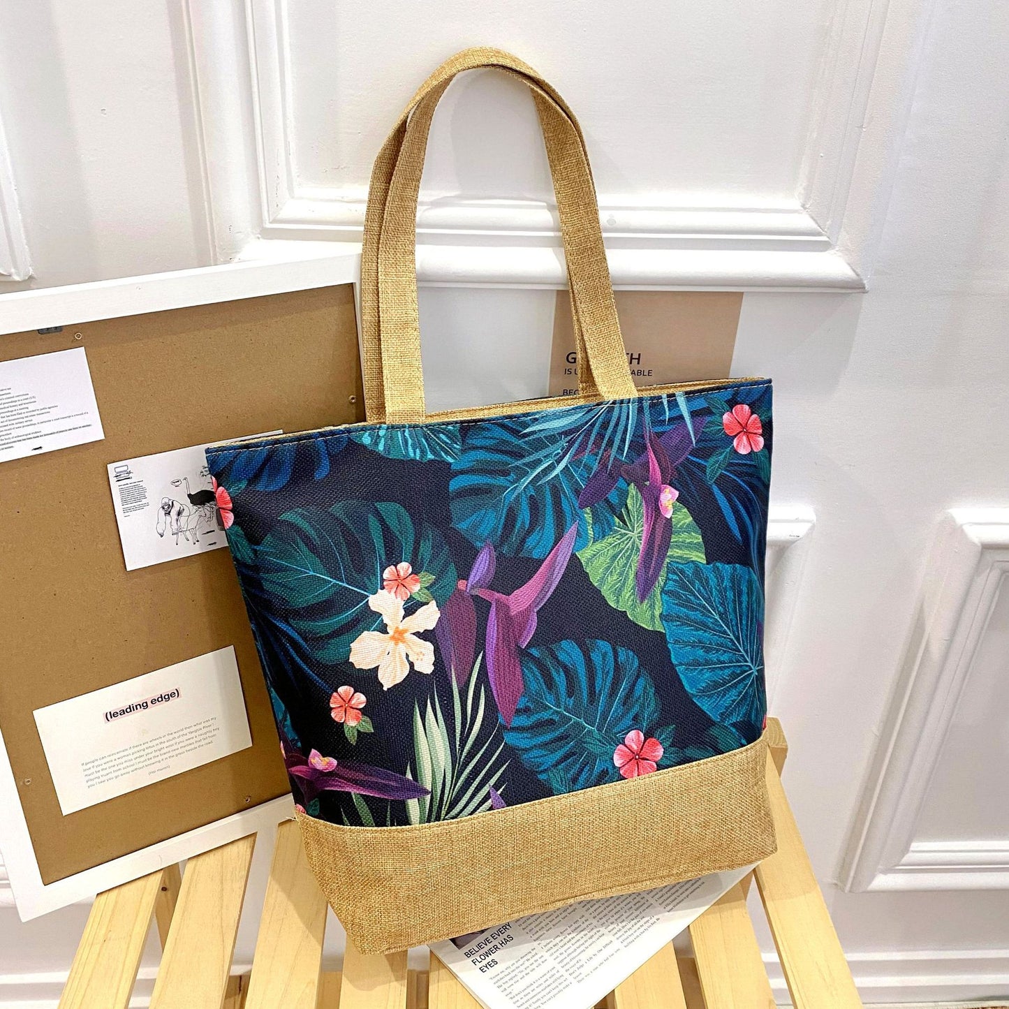 Sac fourre-tout artistique en coton et lin avec fermeture éclair