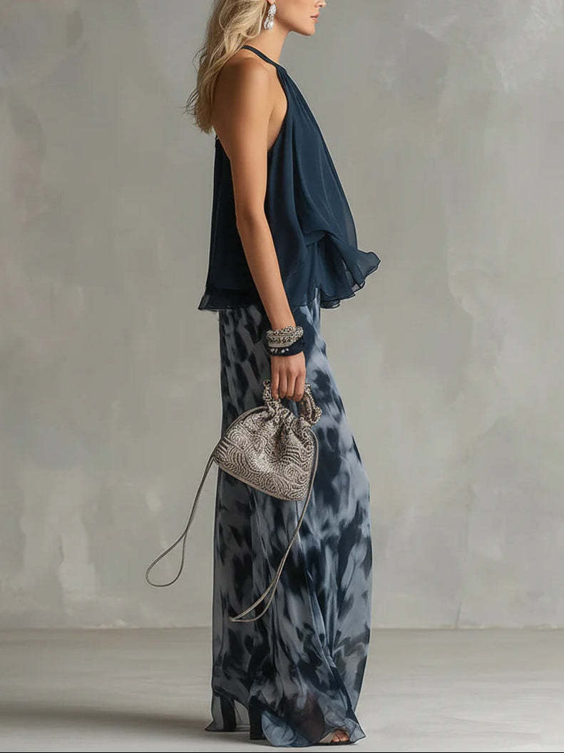 Ensemble haut sans manches à col licou et pantalon large imprimé