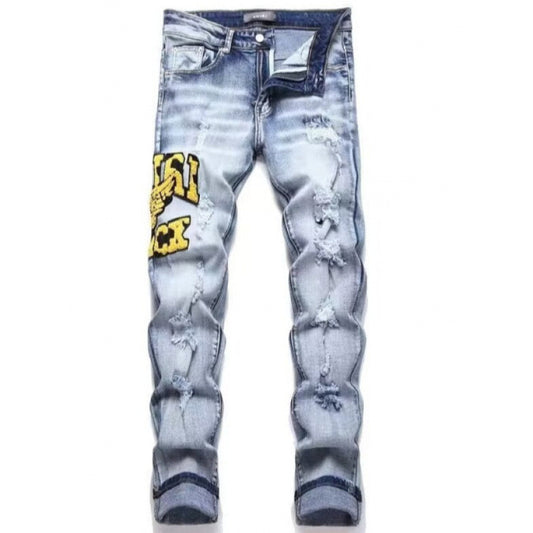 Jean en denim déchiré à patchwork coupe slim pour hommes