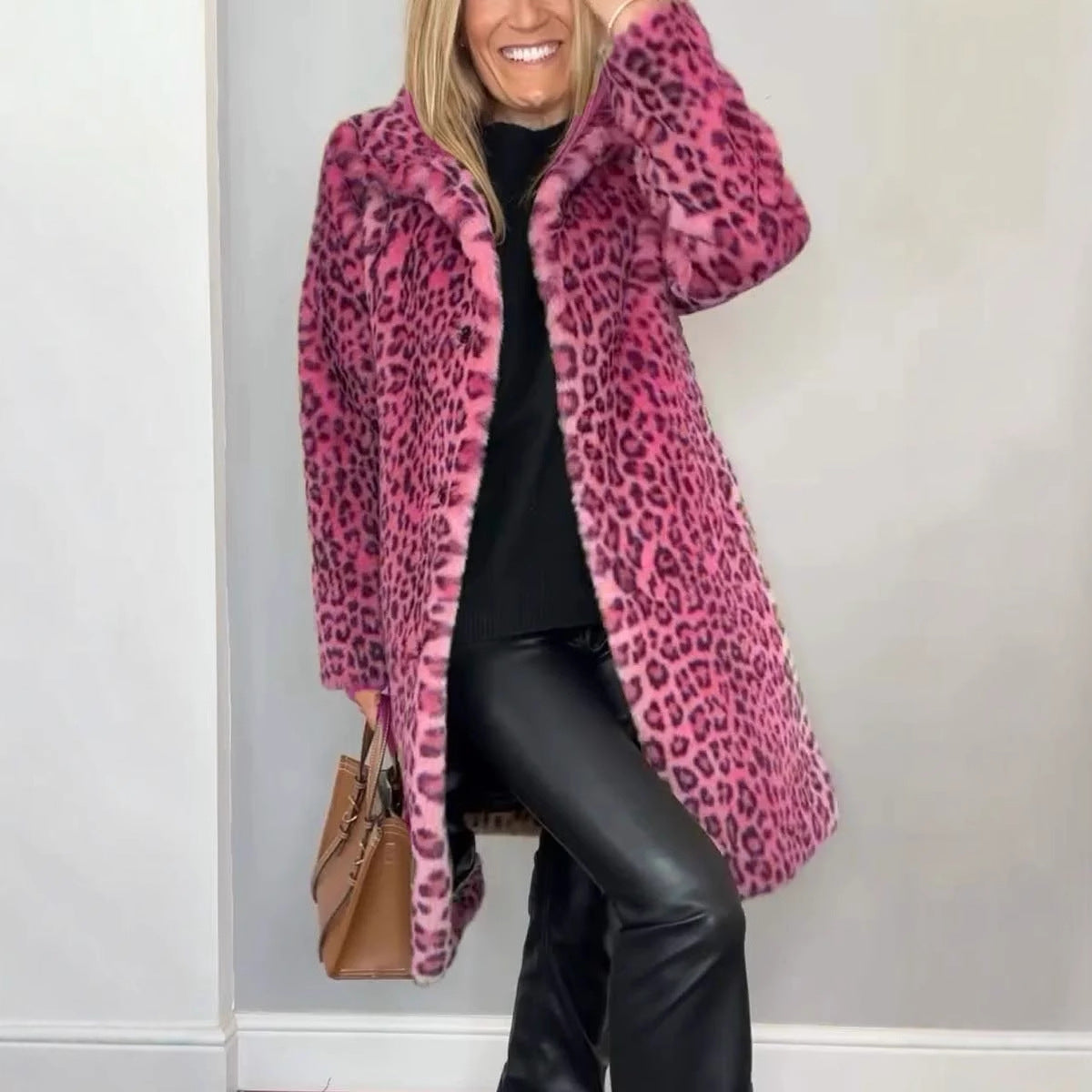 Manteau mi-long en peluche à imprimé léopard style western tendance automne/hiver
