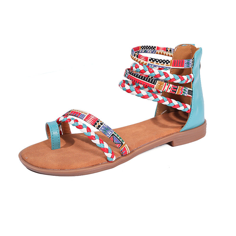Sandales plates grandes tailles pour femmes, collection été 2025, style bohème ethnique, bout rond, tenue tendance