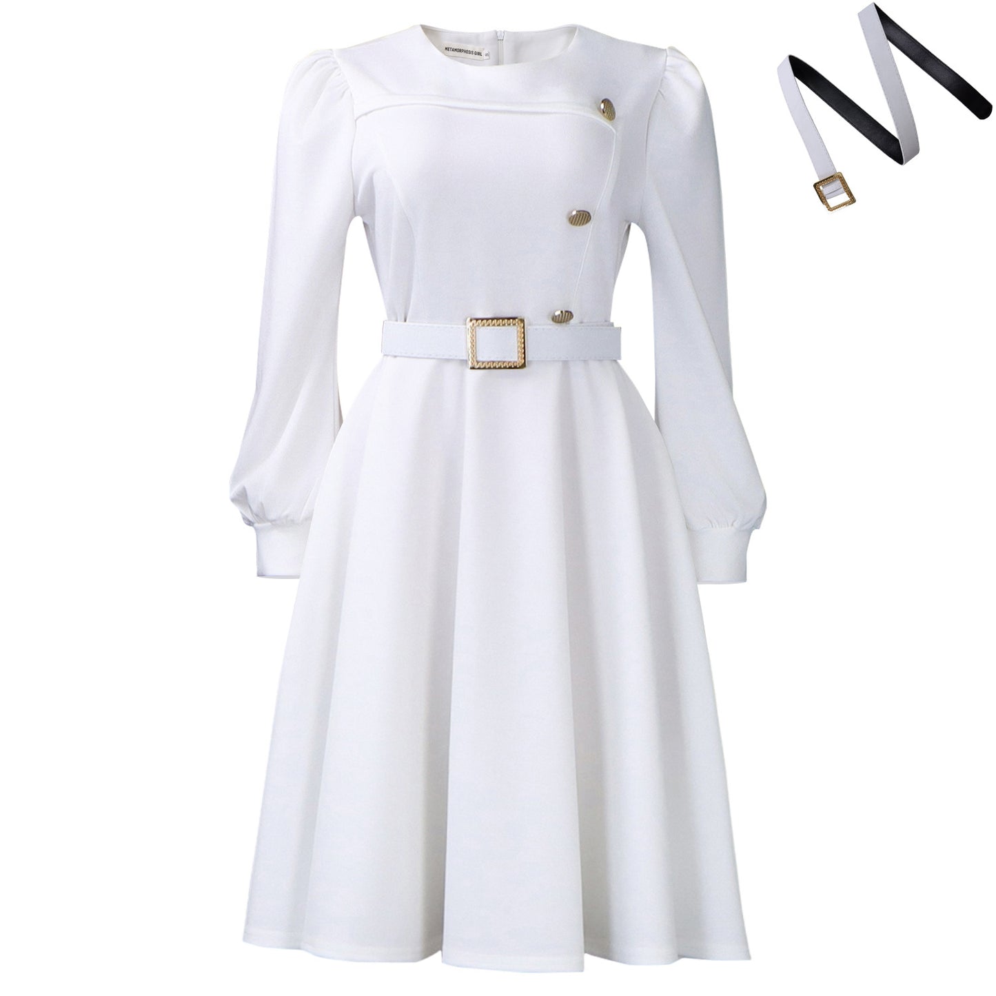 Habit :Robe élégante pour femme, col rond, manches longues, taille haute, coupe trapèze