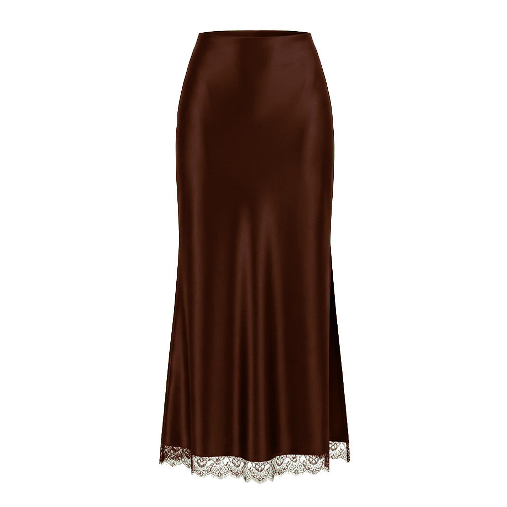 Jupe Midi en Satin avec Fente Latérale et Ourlet en Dentelle
