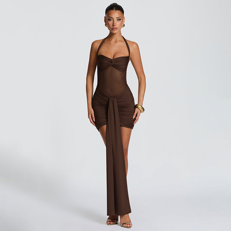 Robe courte dos nu en maille unie pour femme
