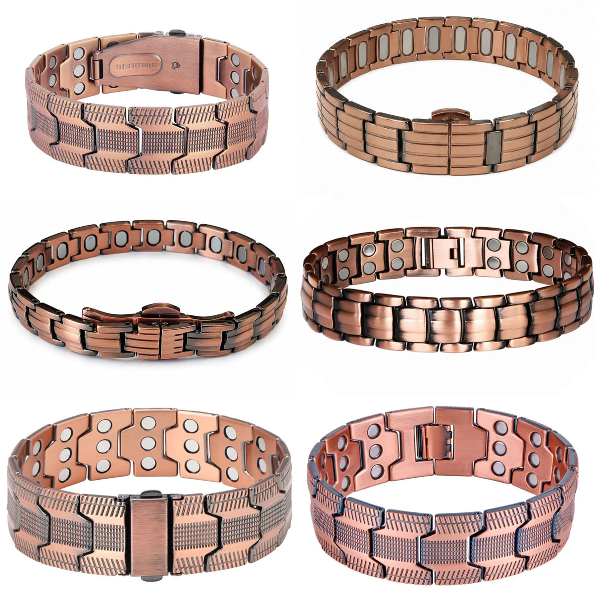Bracelet magnétique en cuivre à trois rangées, finition brossée par galvanoplastie et fermoir déployant.