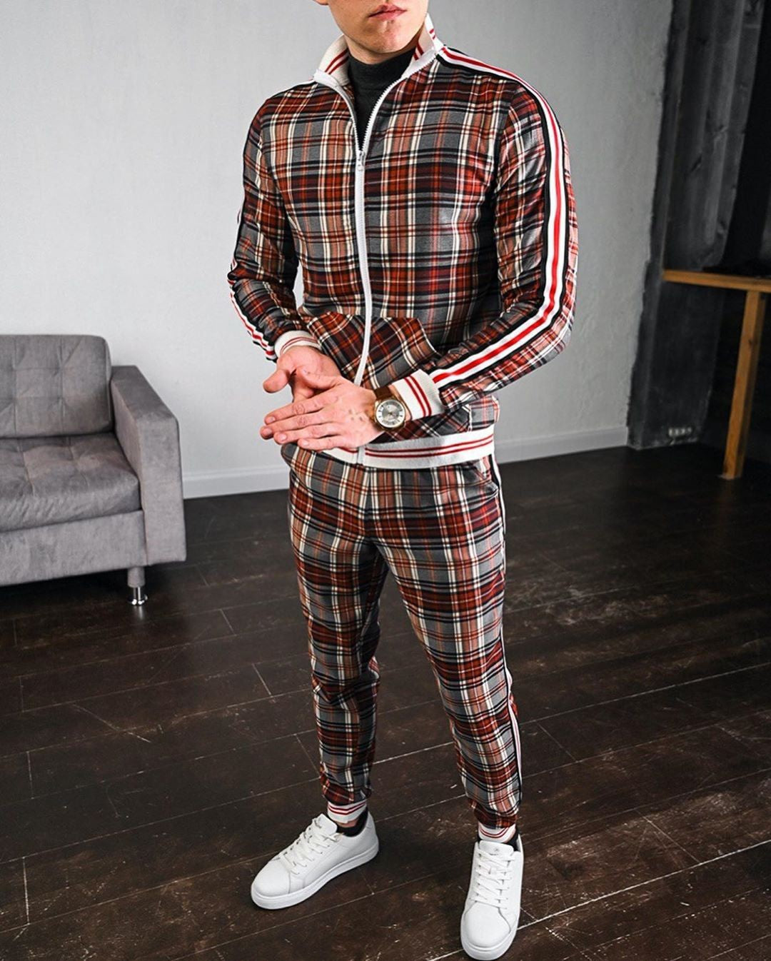 Ensemble veste et pantalon à carreaux pour homme, style sport décontracté