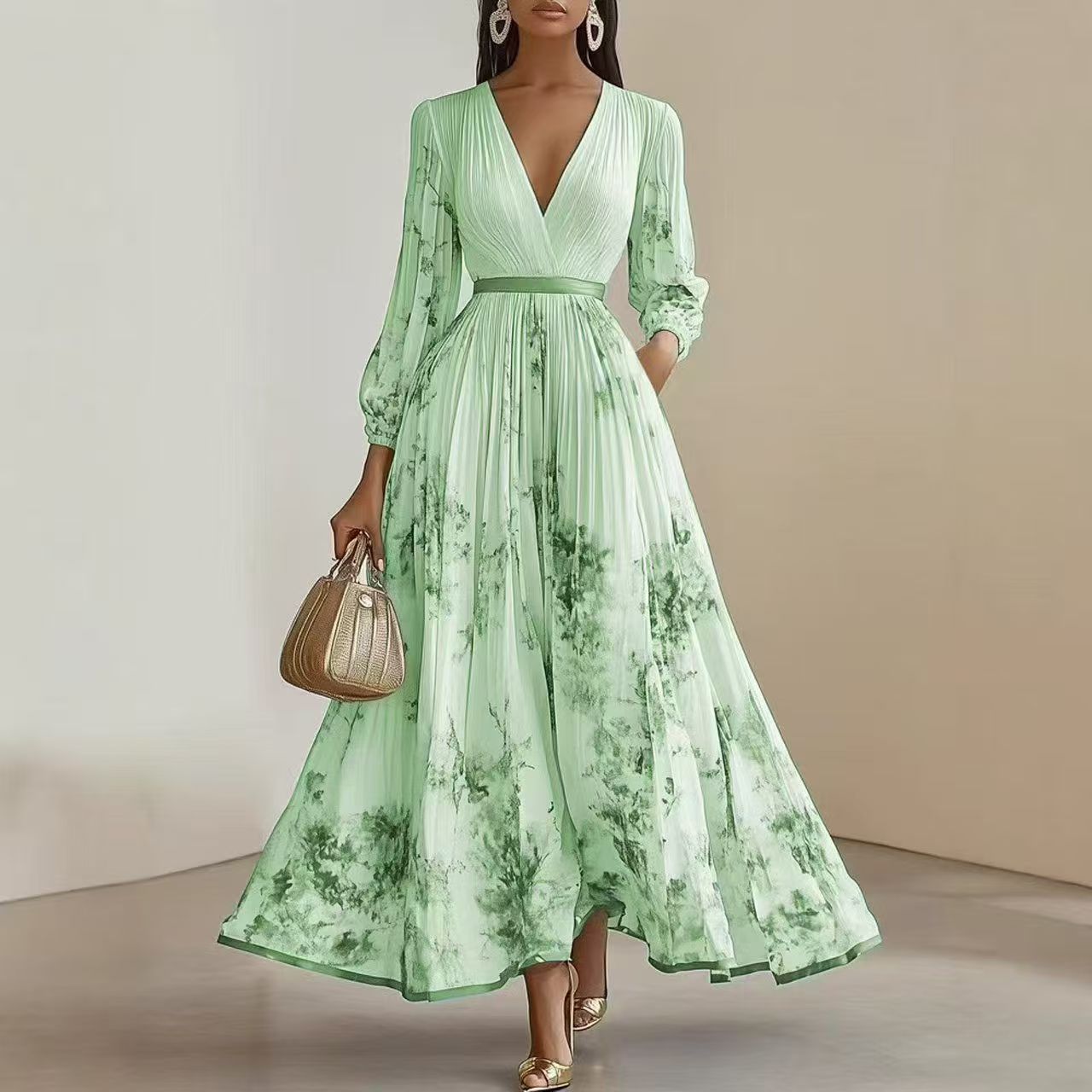 Robe longue à manches longues pour femmes avec col en V et plis