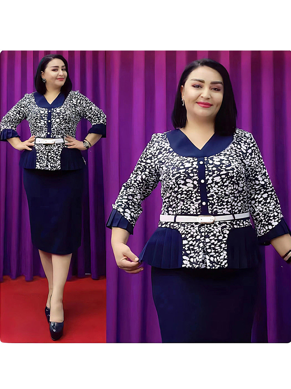 Habit :Robe imprimée deux pièces style faux deux pièces pour femme grande taille, col V, manches plissées, coupe trapèze
