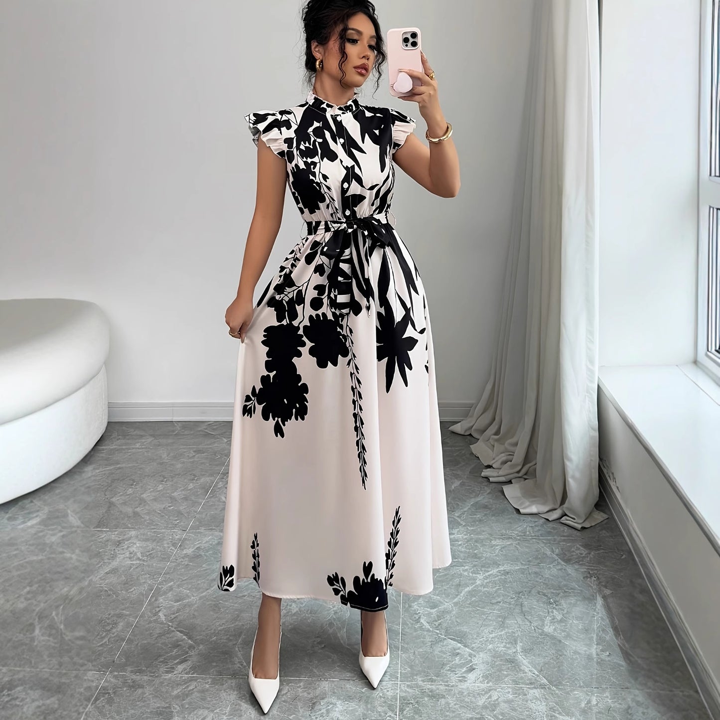 Robe à manches à volants avec imprimé floral