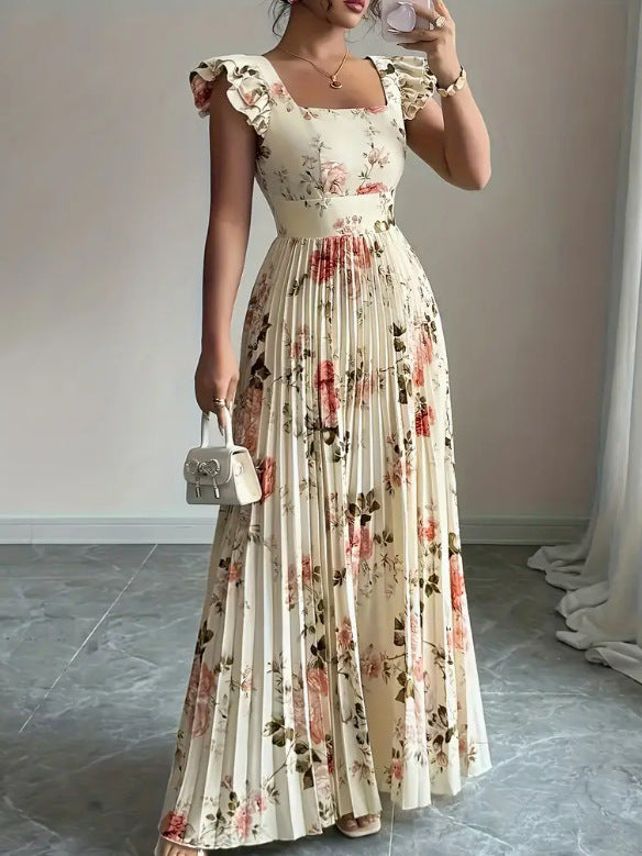 Robe plissée à manches volantées et encolure carrée fleurie