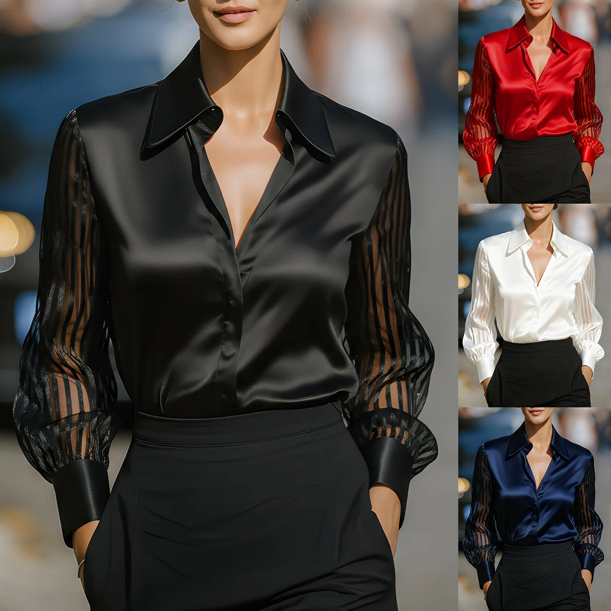 Chemise en satin à manches longues pour femmes