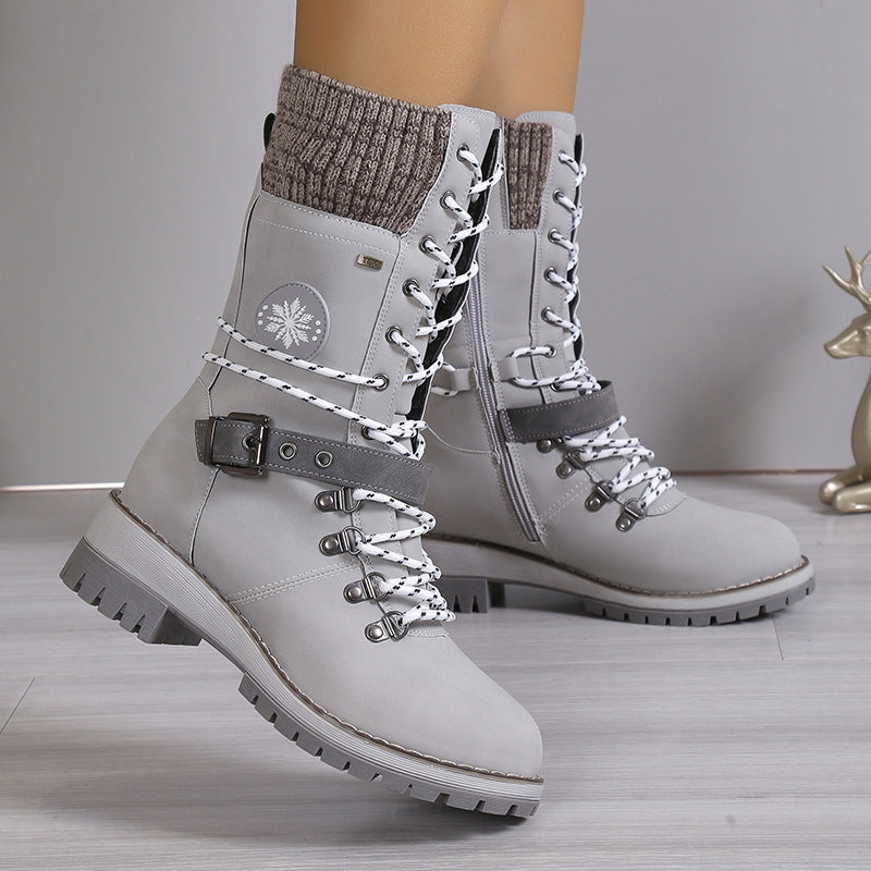 Bottes d'hiver pour femmes doublées de fourrure, chaudes, montantes, à lacets