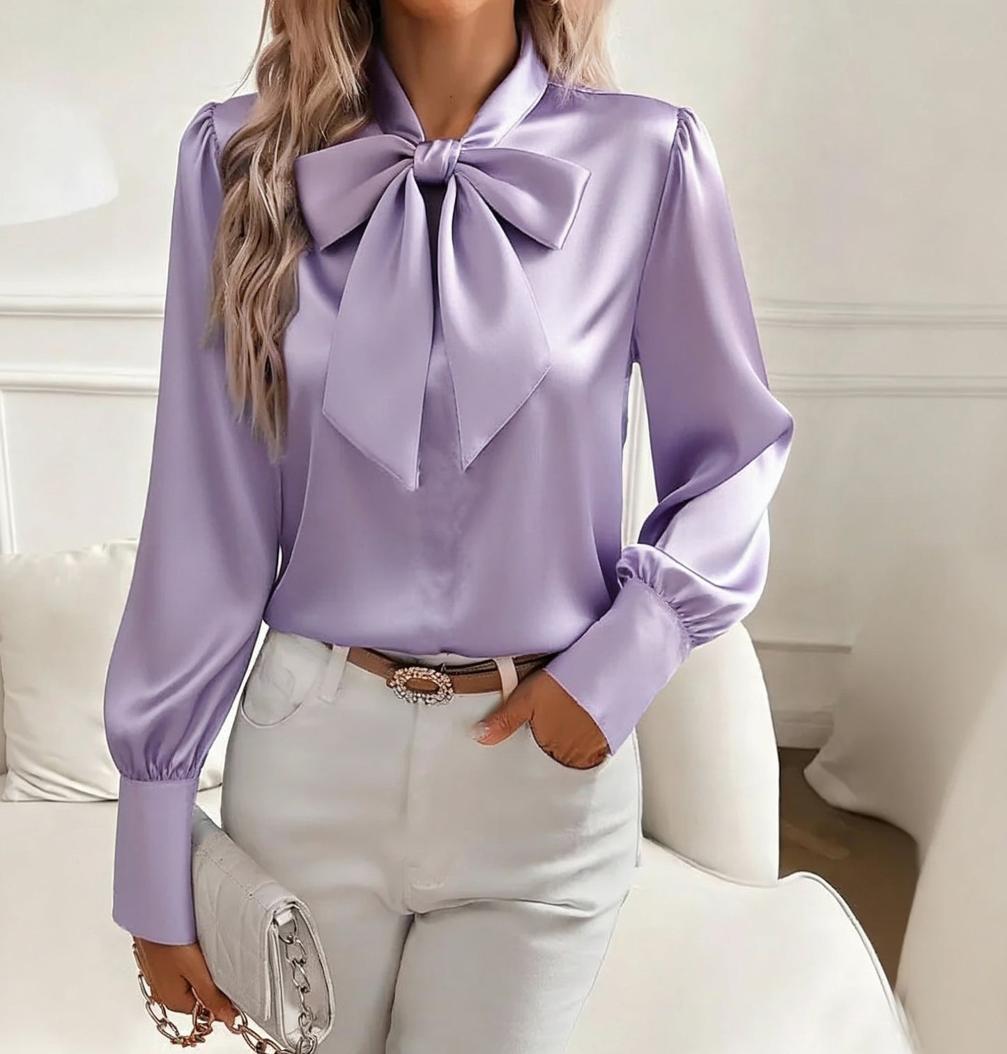 Blouse en satin avec nœud pour femmes