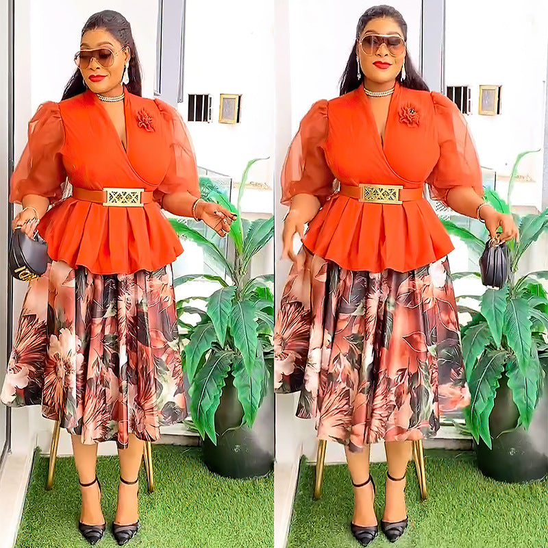 Habit :Ensemble deux pièces pour femme : haut et jupe en mousseline à imprimé floral