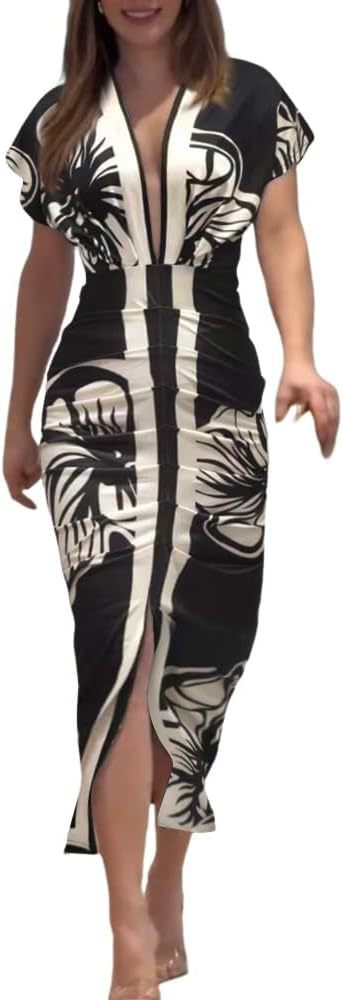 Robe imprimee a col en V et fente pour femme