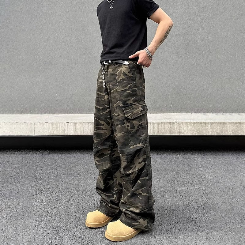 Jean cargo camouflage délavé épais