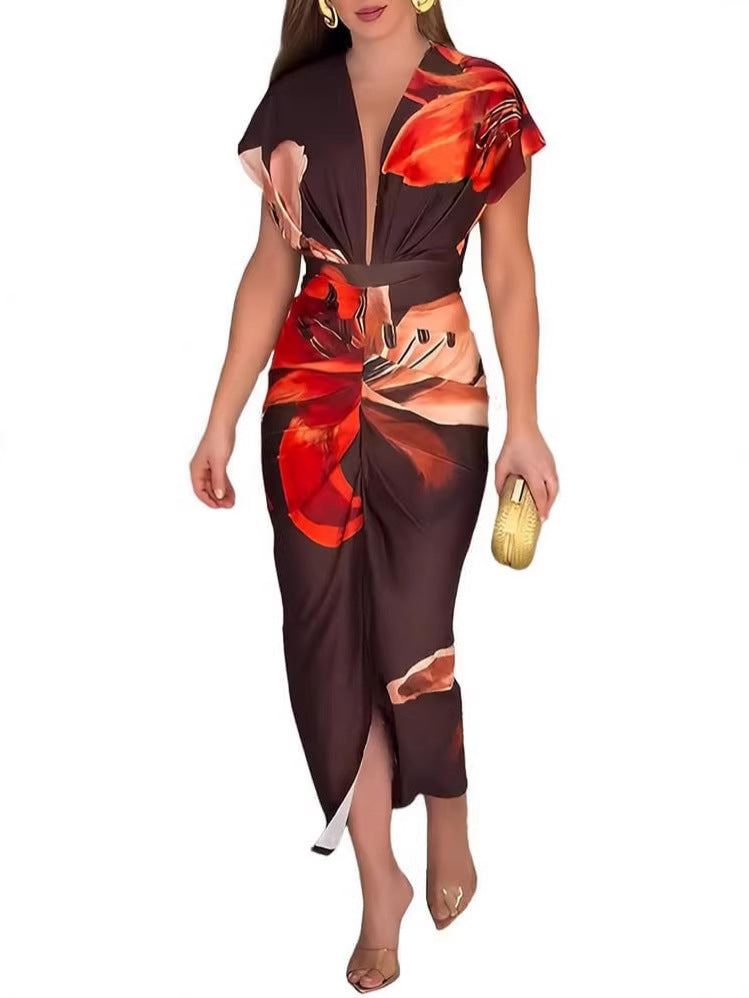 Robe imprimee a col en V et fente pour femme