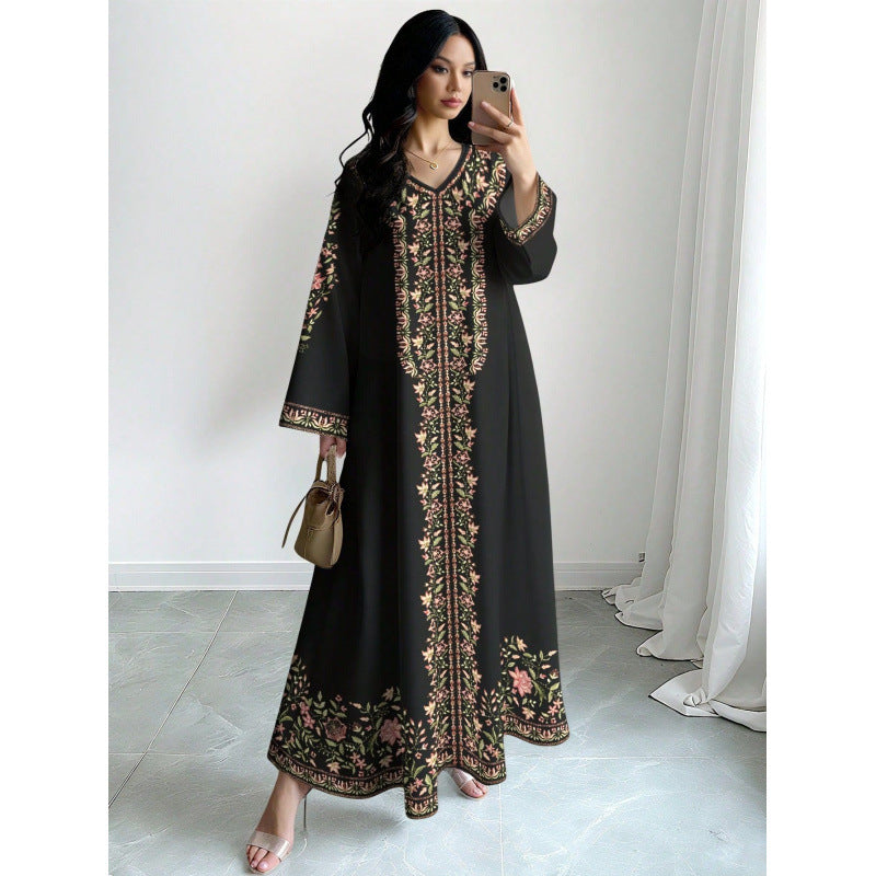 Robe longue à col en V avec imprimé floral