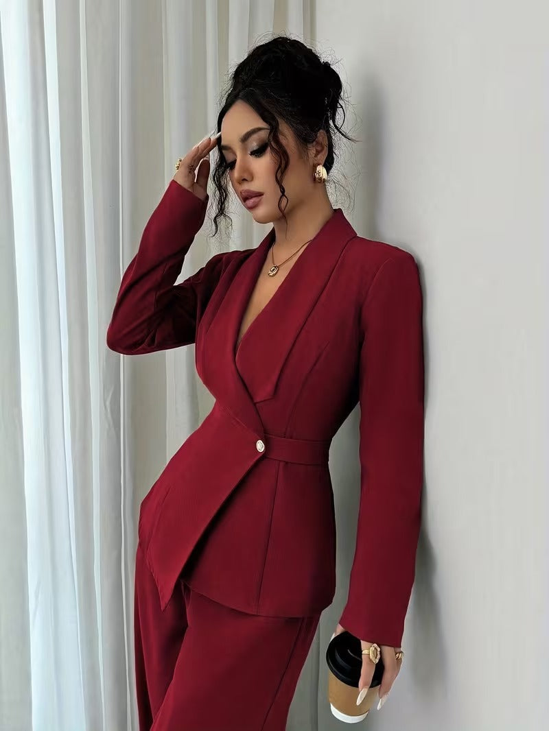 Ensemble deux pièces pour femme : veste longue à col en V et pantalon à jambes larges